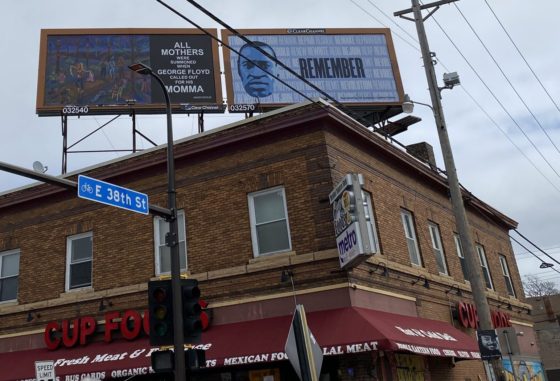 George Floyd Square billboards by artists Jim Denomie and Seitu Ken Jones.